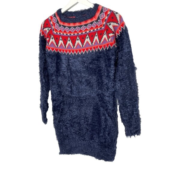 Gap Kids Fuzzy Fair Isle Sweater Dress Blue Red Knit Long Sleeve Winter Cozy - Picture 4 of 12